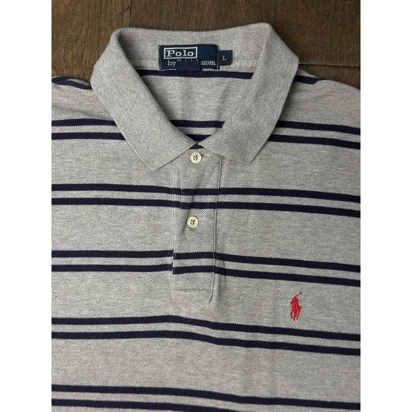 Ralph Lauren Mens Size L Grey Striped Short Sleeve Polo Shirt Red Pony Button - Picture 1 of 5